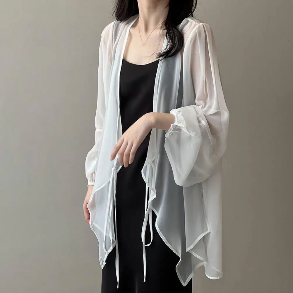 Chiffon Cardigan Solid Color Chiffon Cover up Women\'s Sun Cardigan with Lace up Sunscreen Coat Summer Blouse