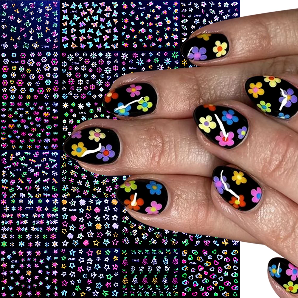 24Pcs Fluorescence Flower Design Nail Art Sticker Colorful Daisy Floral Bow Tie Heart Butterfly Design Nail Supplies Women&Girls