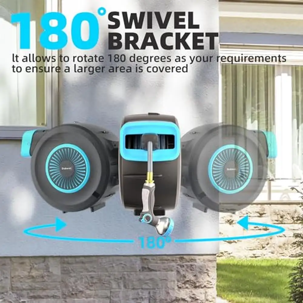 Carrete de manguera de jardín de montaje en pared retráctil, manguera de bloqueo de 5 pies, giratorio de 180 °, resistente a los rayos UV, boquilla de 8 patrones, 20.000 ciclos