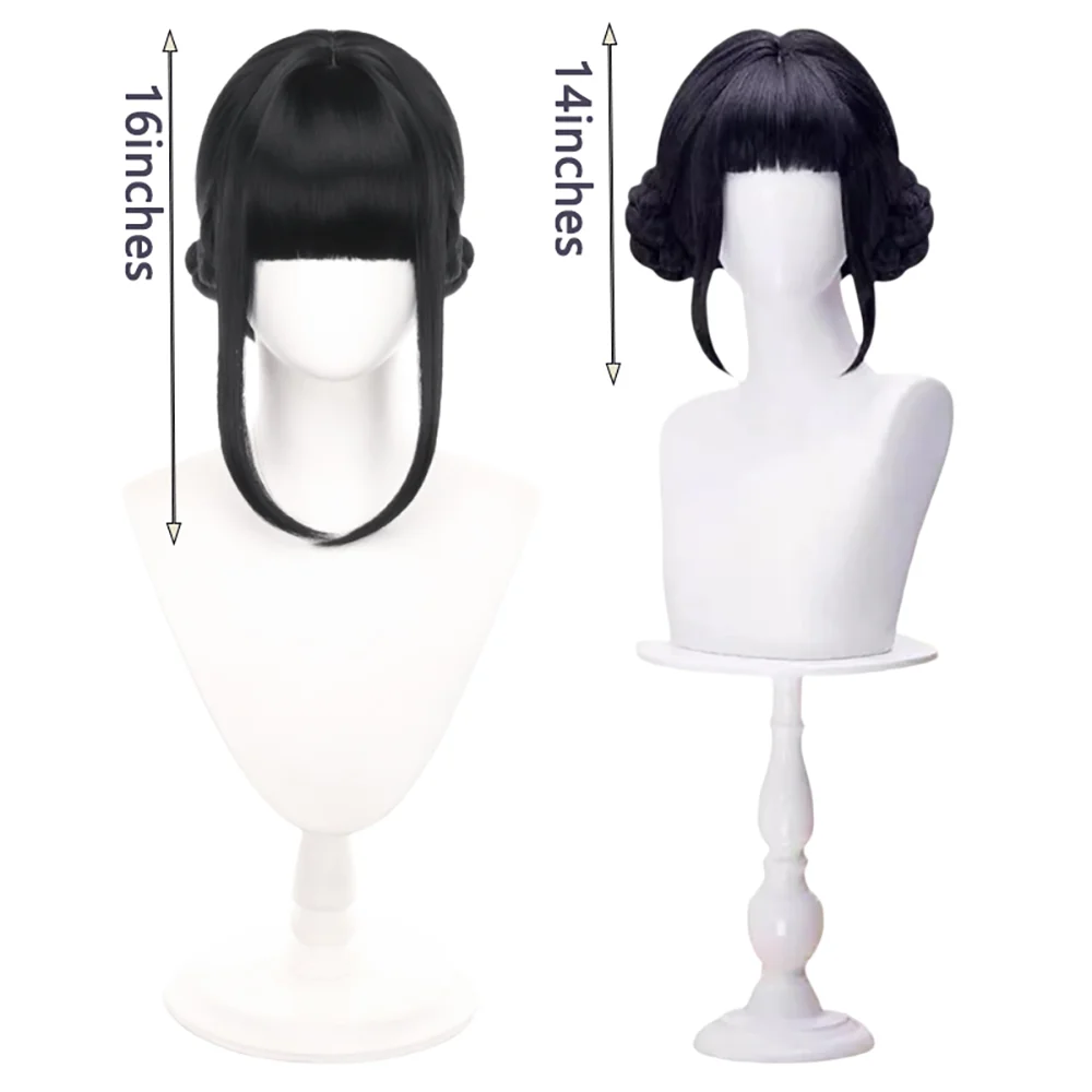 Double Bun Cosplay Wig With Bangs Black Dark Purple Zoey Heat Resistant Synthetic Full Wig For Women Daily Wear Anime Party