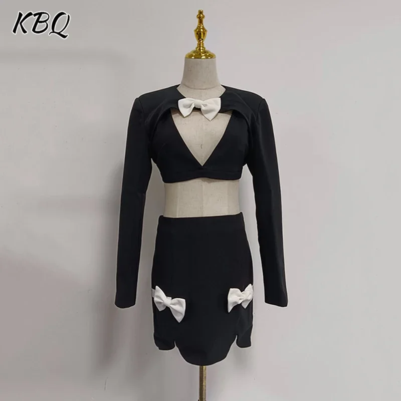 

KBQ Slimming Two Piece Sets For Women Round Neck Long Sleeve Hollow Out Short Tops High Waist Irregular Skirt Bowknot Set Female