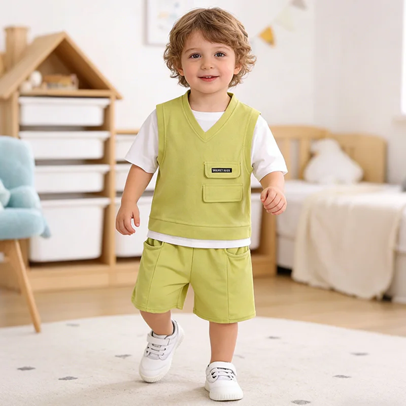 

Toddler Girl Summer 2 Piece Outfits Mock Two Piece Short Sleeve Top Shorts Set Casual Sport Kids Clothes for 2-7Years Daily Wear