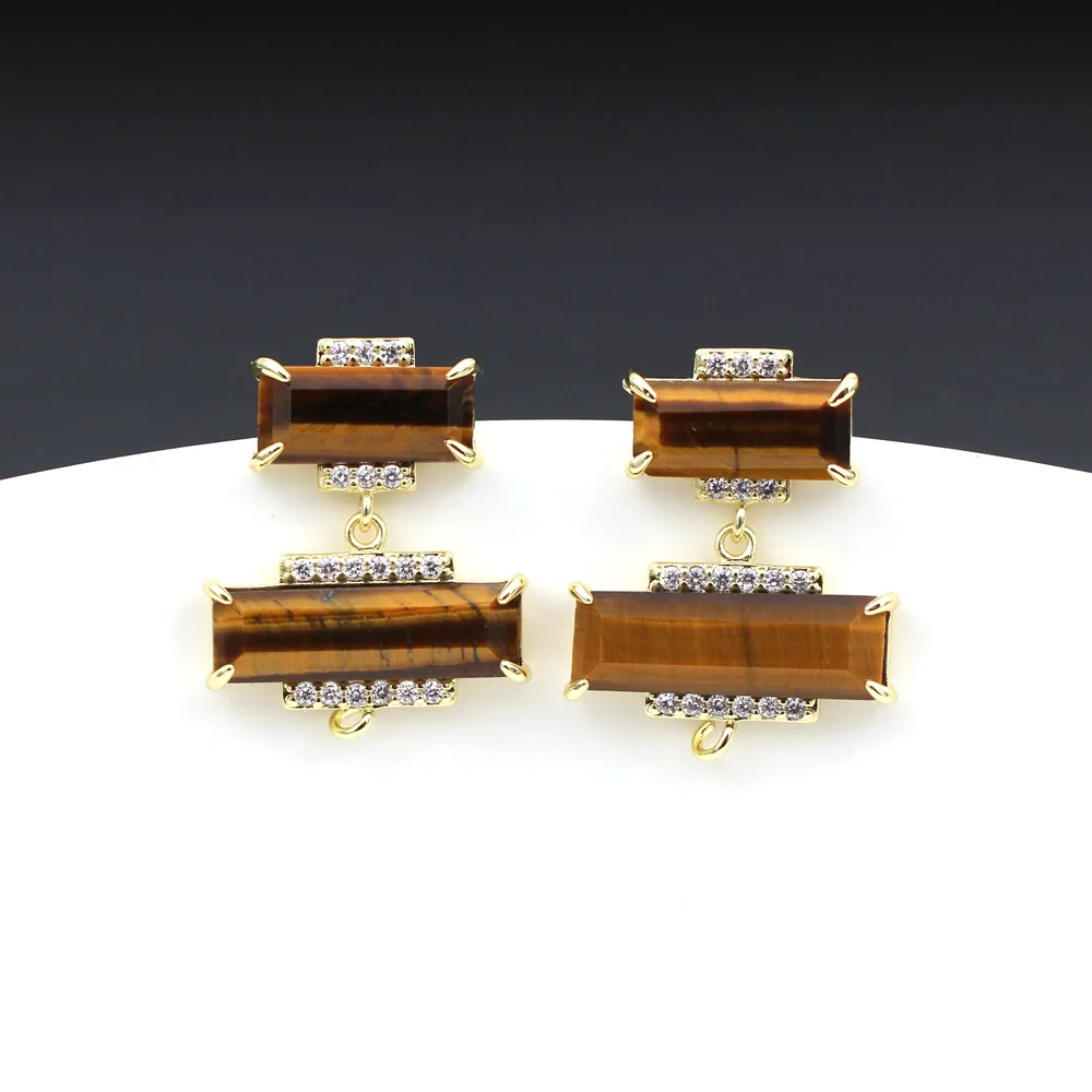 6pair Rectangle Geometric Shape CZ Prongs Earrings Post Natural Red Green Black Stone Studs Connectors Open Loop DIY Jewelry