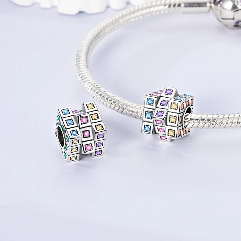 Original 925 Sterling Silver Charm Bead Rotatable Colorful Rubik's Cube Bead Fit Original Bracelet For Women DIY Jewelry Gift