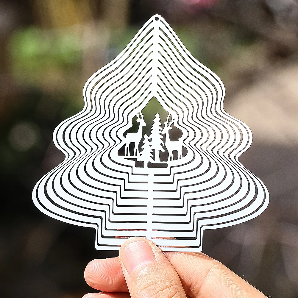 10cm Christmas Tree Elk Wind Spinner 3D Rotating Wind Chimes Mirror Reflection Effect Weathervane Outdoor Yard Hanging Decor