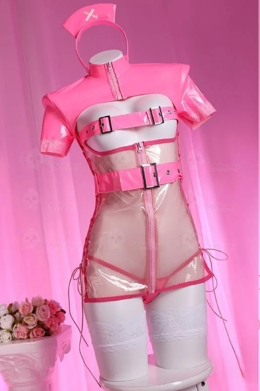 AGCOS Original Design Sweetheart Nurse Cosplay Dress Pink trasparente Leather PU infermiera uniformi donna Sexy Cosplay