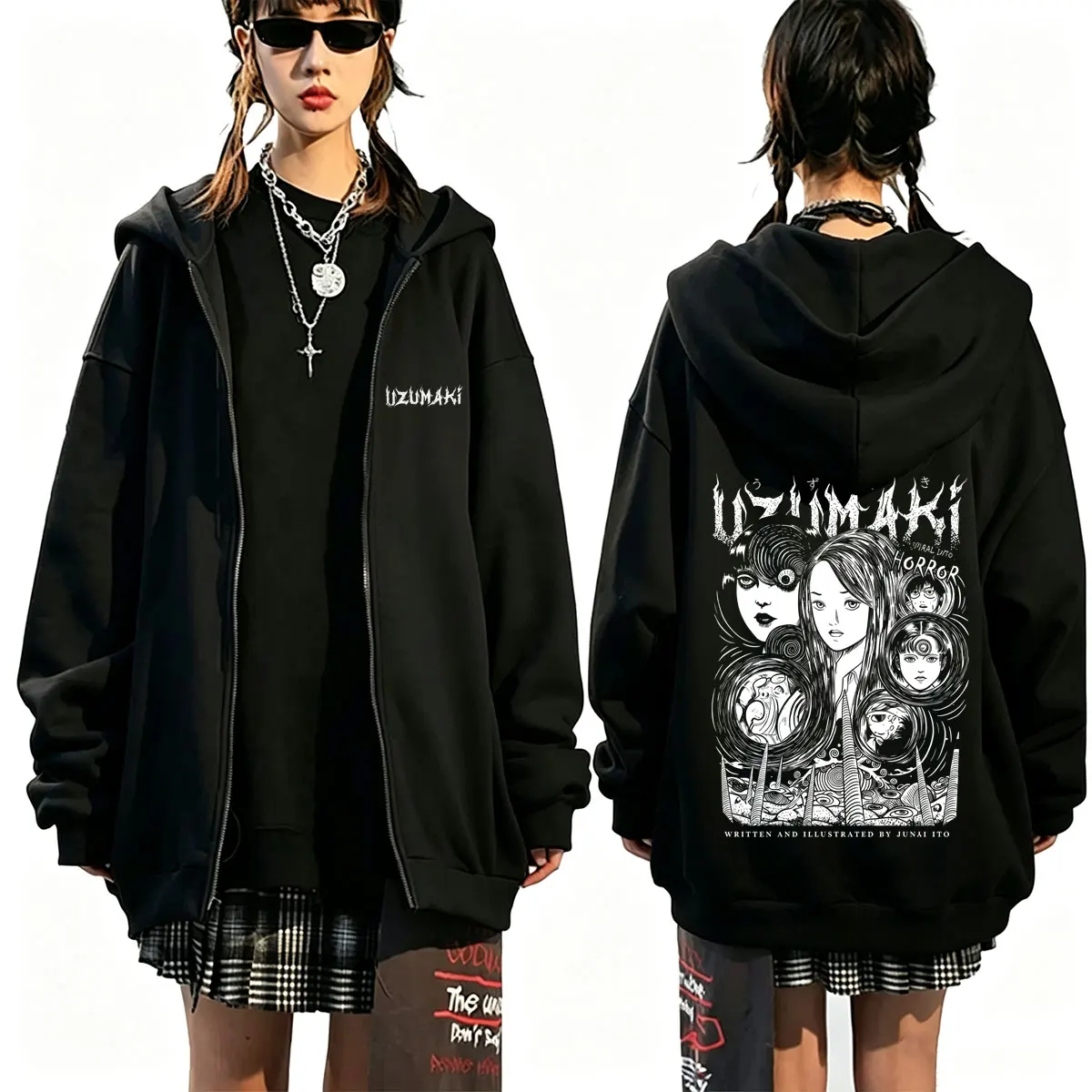 Anime Junji Ito Uzumaki Zipper Hoodie für Männer und Frauen, Retro Manga Zip-Up Sweatshirt, Unisex Casual Fleece Baumwoll-Zip-Up-Jacke – Detail 2