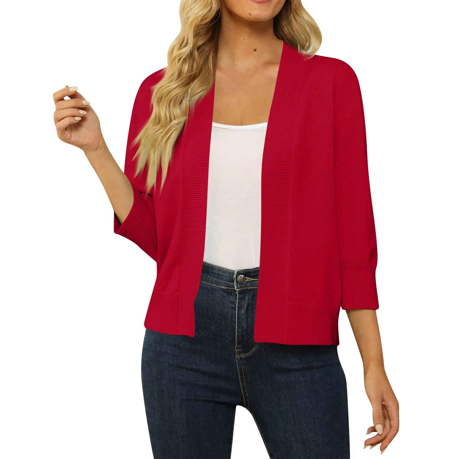 Ladies\' Plain Color Simple Classic Style 3/4 Sleeve Cropped Cardigan Sweater Spring Fall Versatile Open Front Lightweight Top