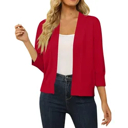 Ladies' Plain Color Simple Classic Style 3/4 Sleeve Cropped Cardigan Sweater Spring Fall Versatile Open Front Lightweight Top