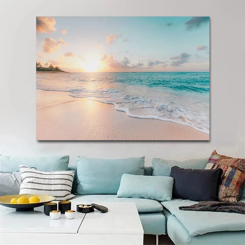 Sunset Hawaii Beach Posters Gold Sea Landscape Canvas Paintings Tropical Palm Tree Wall Art Pictures Living Room Home Decor