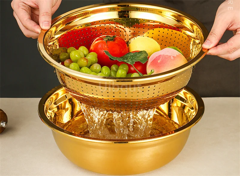 

201Stainless Round golden Steel Drain Basket Colander Rice Washing Bowl Tureens basin Mixing Golden Sieve Sifter Mesh Strainer