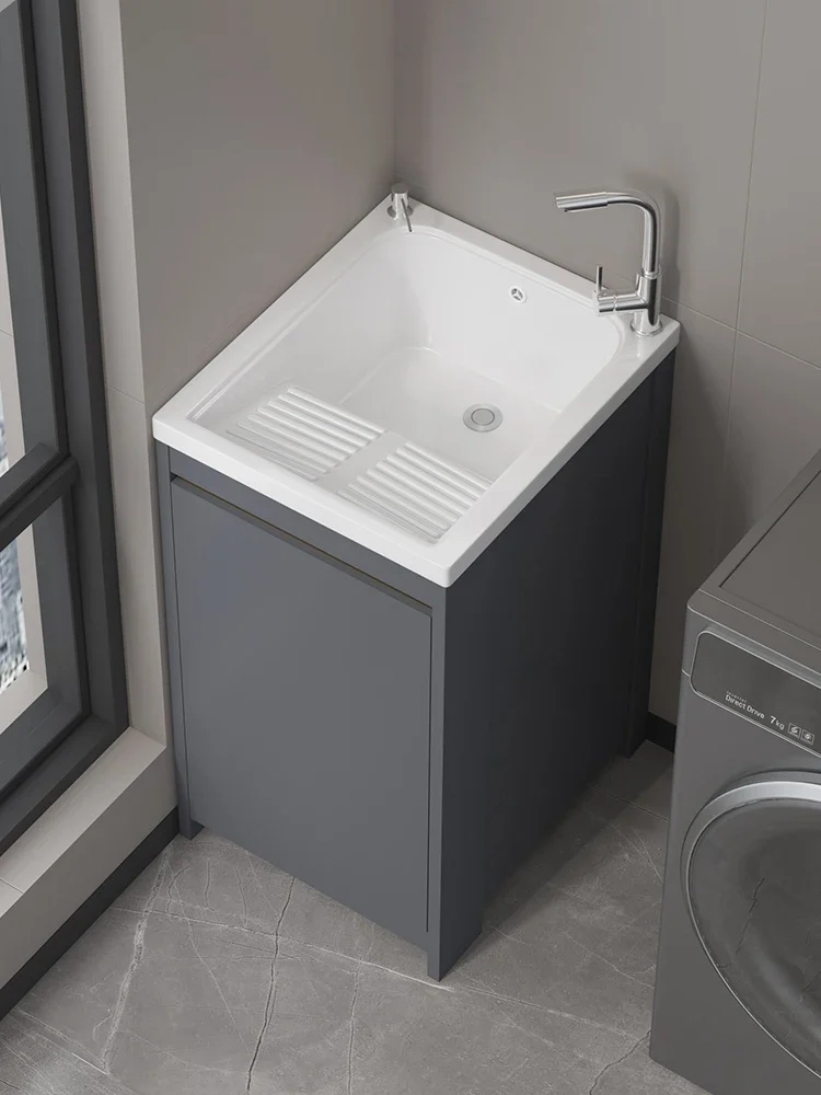 Balcony space aluminum laundry cabinet small apartment ceramic wash basin with rubbing board floor deepening integrated basin