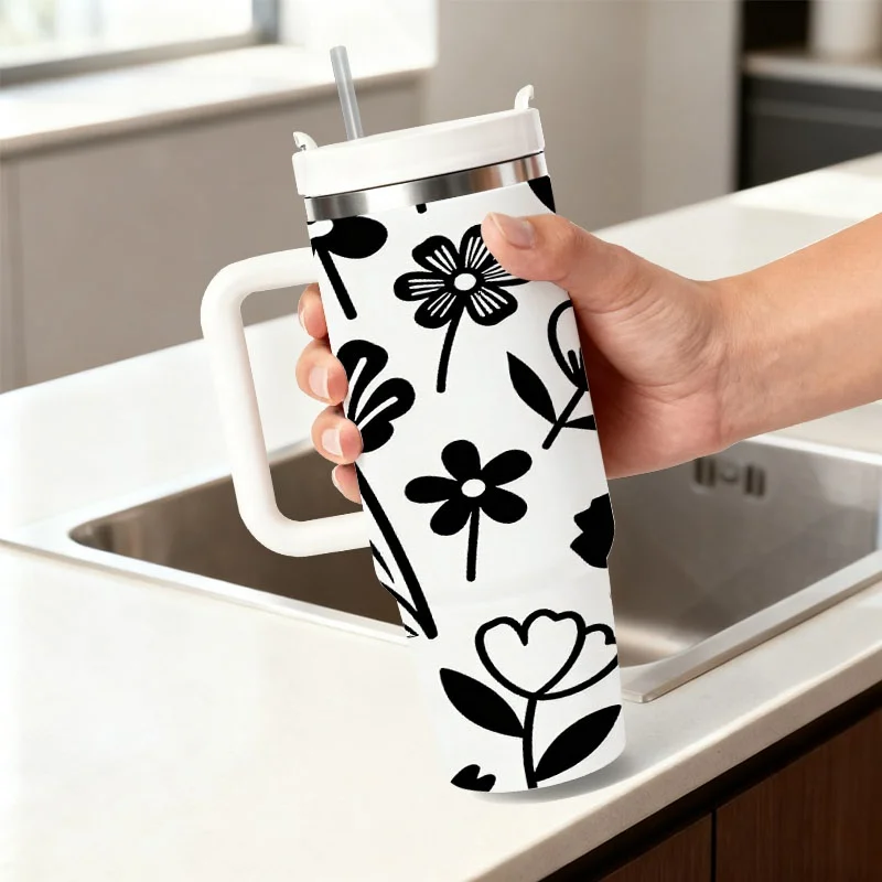 Stainless Steel Insulated Tumbler with 40Oz Capacity, Black And White Digital Printed Stylized Floral Leaf Pattern, Reusable Thermal Drink Cup for Keeping Beverages Cold Or Warm, Great for Daily Commute, Office Use And Outdoor Activities