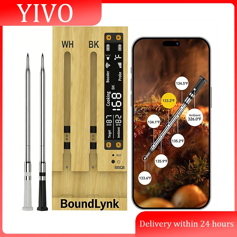 Thermomètre à viande sans fil WiFi Sub-1G, 2 voies de surveillance de la température, Base intelligente numérique et application pour barbecue, fumeur, gril, four