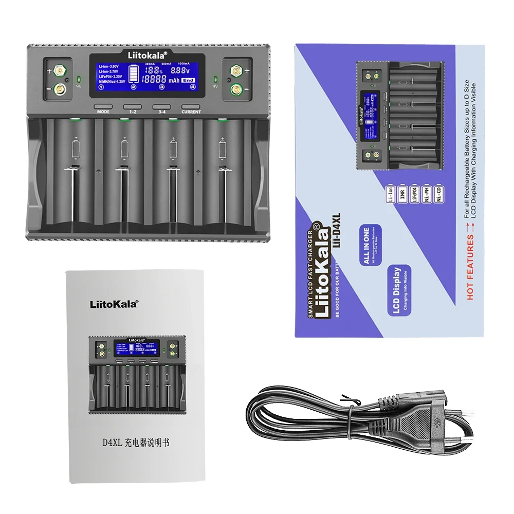 LiitoKala Lii-D4XL 32700 26650 18650 21700 18500 14500 16340 AA AAA 3.2V/3.7V/1.2V/9V Li-Ion Ni-MH Smart Battery Charger