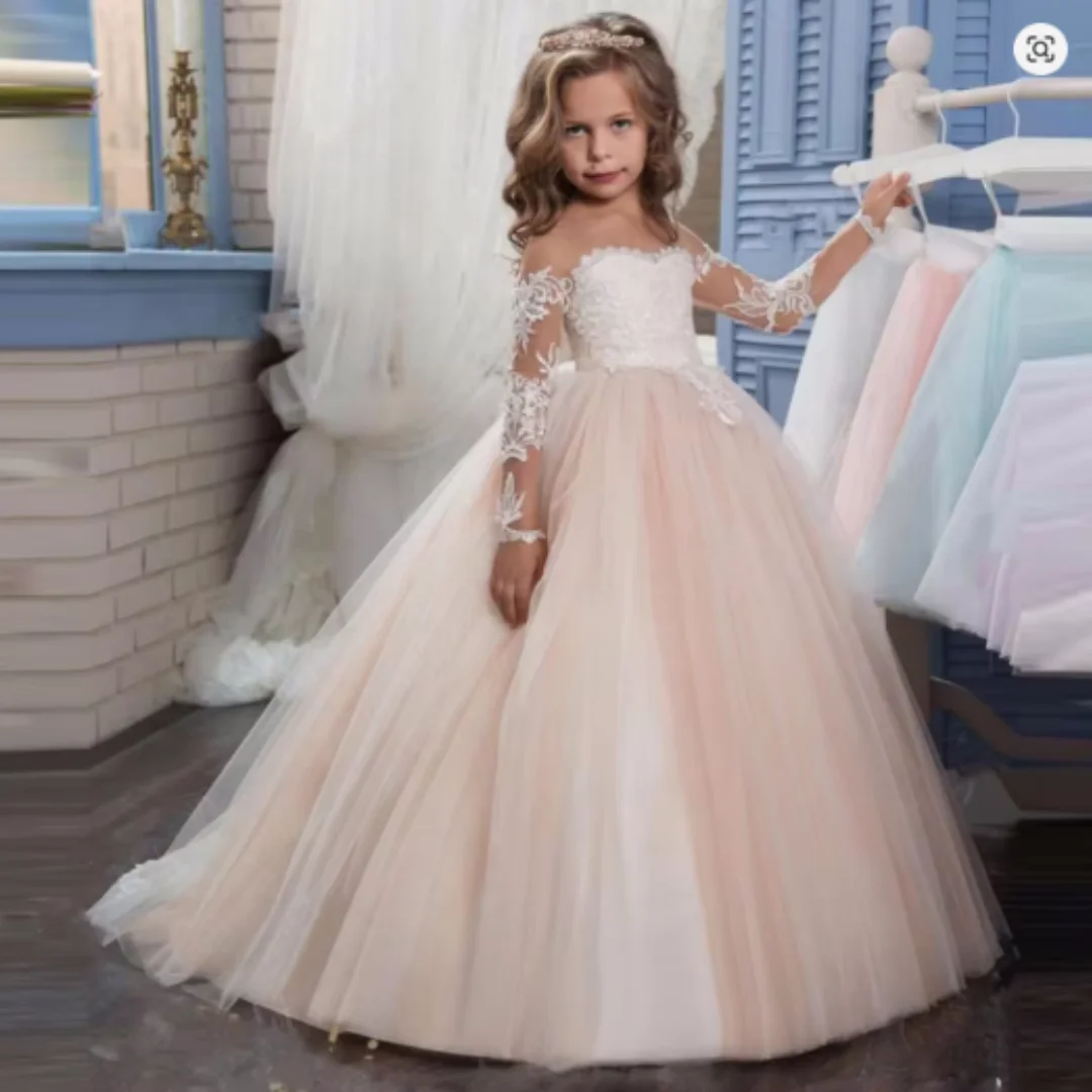 Robe à fleurs rose clair personnalisée pour filles, avec appliques blanches, manches longues, pour mariage, fête d'anniversaire et Communion