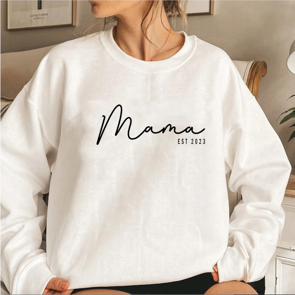 Mama Est 2023 Sweatshirt Mothers Day Gift Women Long Sleeve Crewneck Sweatshirts Personalized Hoodie New Mom Gift Casual Tops