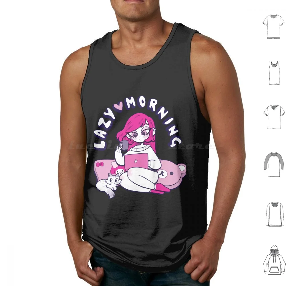 Lazy Morning Tank Tops Vest Sleeveless Chilling Book Cat Coffee Cozy Cute Girl Home Laptop Lazy Pet Purple Hair Reading Relax