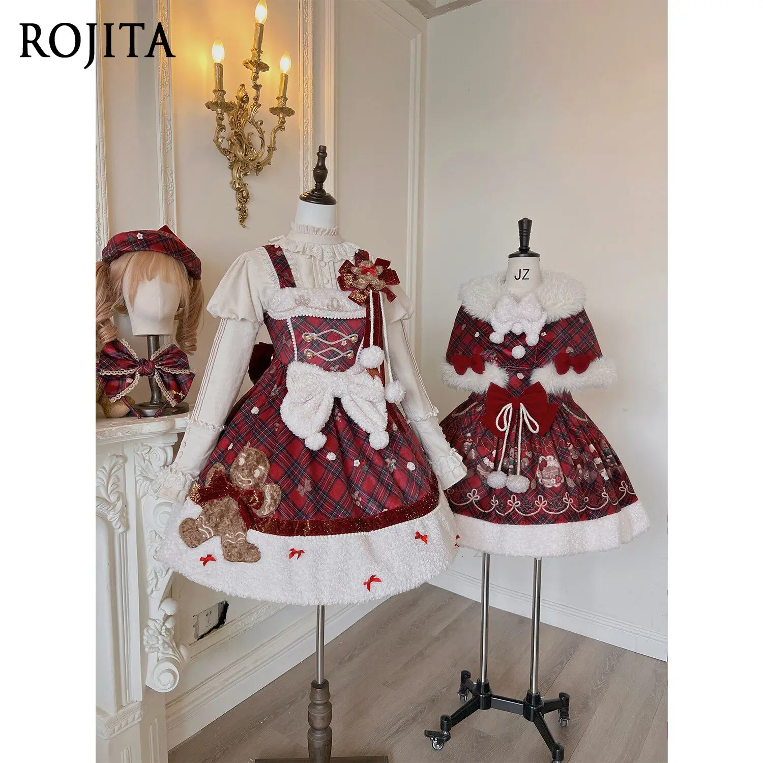 

Strawberry Gingerbread Man Printed Strap Dress Christmas New Year Red Cute Retro Lolita Plaid Bow JSK Warm Autumn Winter