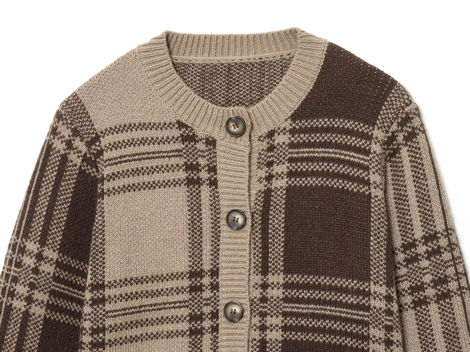 BSAY jesień nowa kolekcja odzieży damskiej 2025 casualowa moda retro krata okrągły dekolt zapinana na guziki koszula z długim rękawem