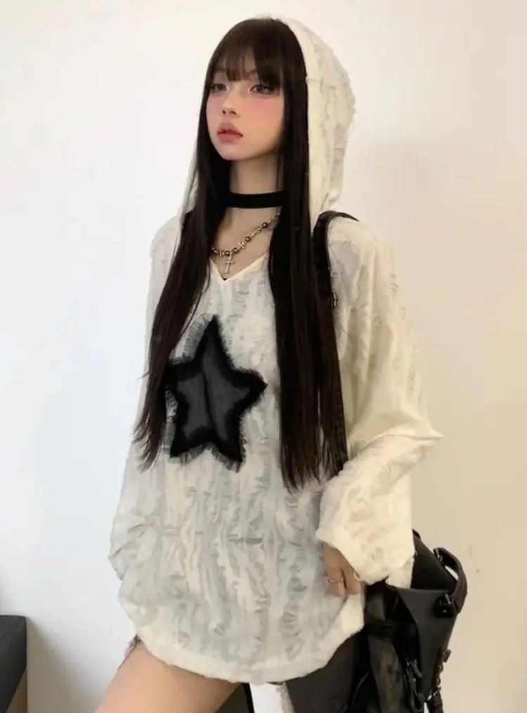 Grunge Ripped Hoodies Women Mesh Star Patchwork Y2k Aesthetic Loose Kpop Fairycore Sweatshirt Harajuku Streetwear Hooded Tops