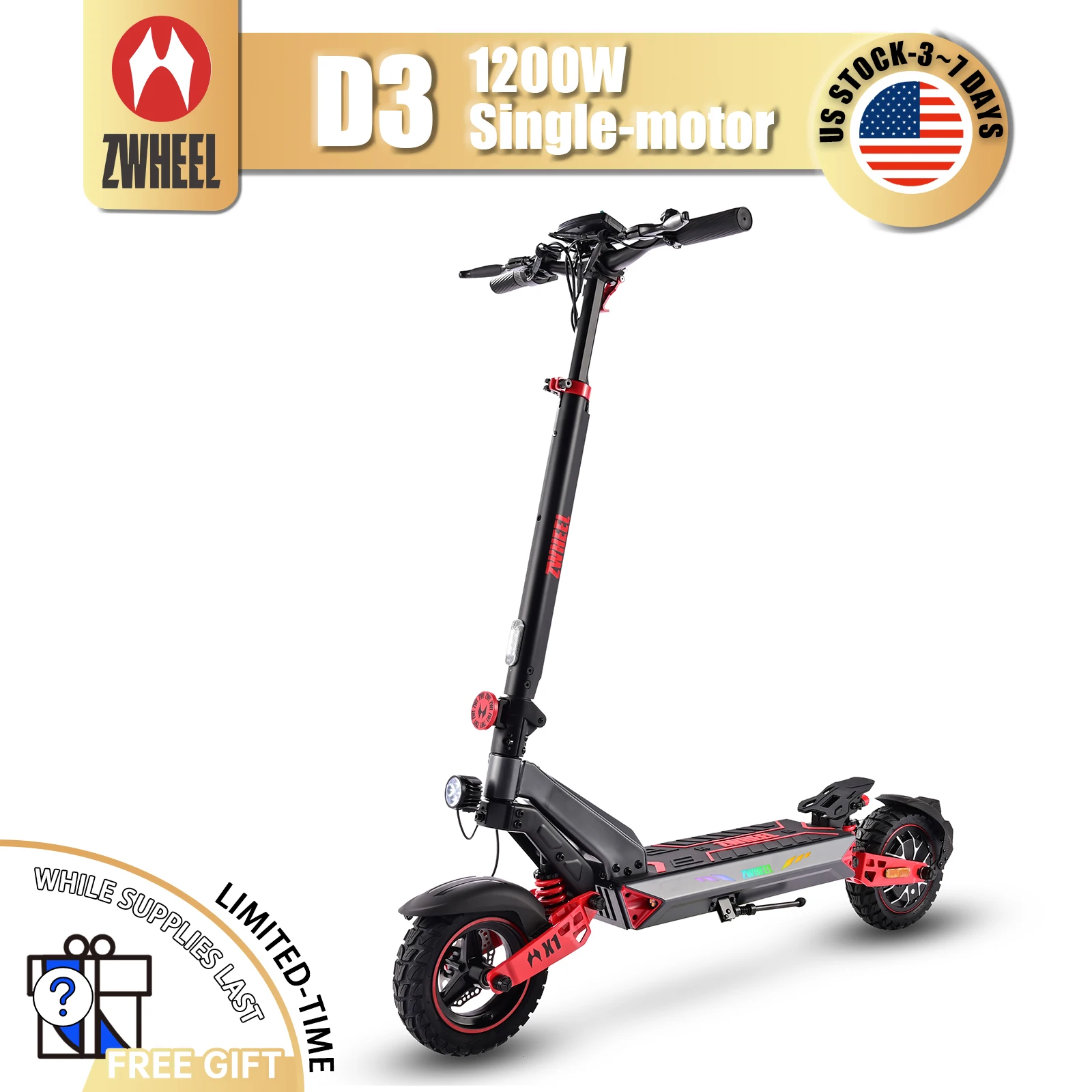 

ZWHEEL D3 Electric Scooter 1200W Rear Single Motor Max Speed 32MPH Max Range 34 Miles 720Wh Battery 10''Off-Road Tires Dual-Side Shock Absorbing Arm System 4 Usage Modes Bluetooth Lock Location Search Daily Commuting Ecooter with Smart APP US Stock Direct
