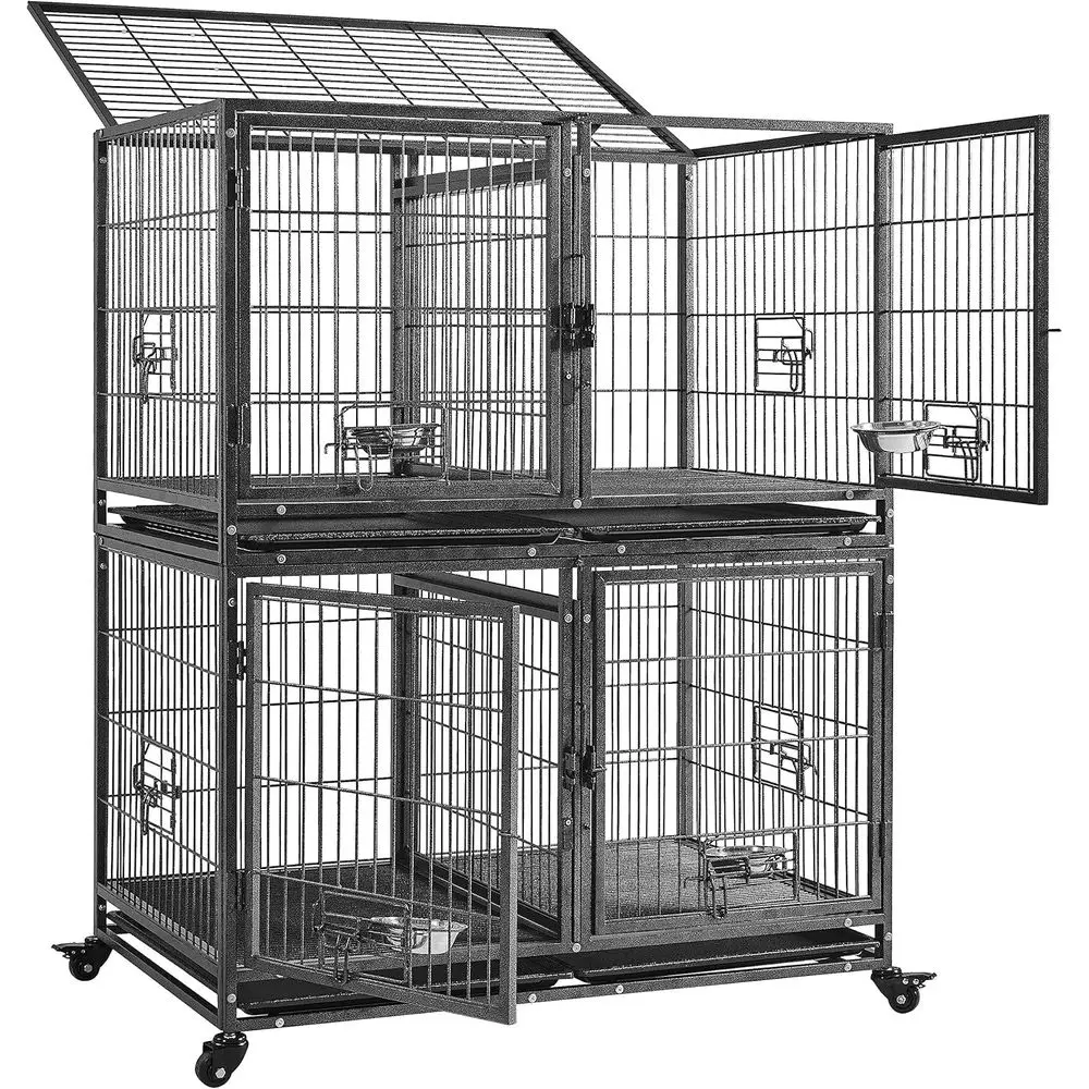 42'' Stackable Dog Crate w/Divider Heavy Duty Dog Cage with Open Top/2 Removable Trays Rolling Pet Cage or Small/Medium Dogs 2 p