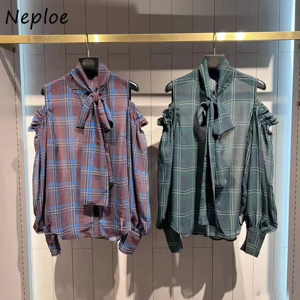 Neploe Vintage Simple Stand Collar Lantern Sleeve Plaid Shirt Off Shoulder Tie All-match Blusas Japan Print Button New Blouses