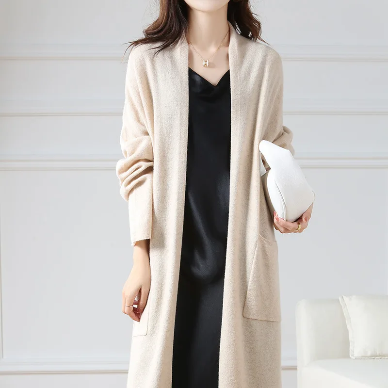 

New Super Long 100% Pure Wool Knit Cardigan Women's Loose and Lazy Style Sweater Coat All-Matching Long