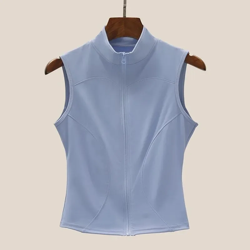 Women Stand Collar Zip Up Sleeveless Sports Vest Breathable Slim Yoga Top Running Cycling Fitness  Top Summer