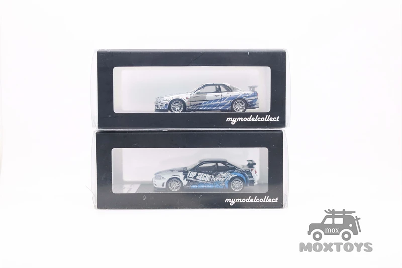 모델 수집 MC 1:64 SKYLINE R34 V-SPEC 실버 블루 셀 쉐이드/최고 비밀 다이캐스트 모델 자동차