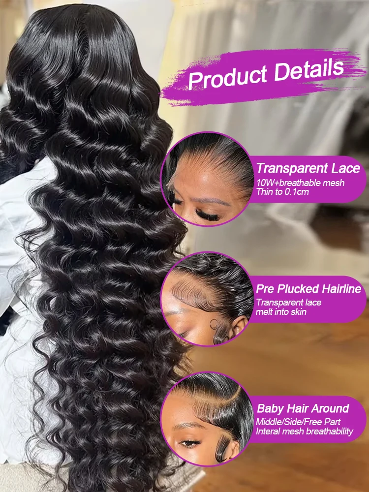 30 40 Inch Loose Deep Wave 360 Full Lace Frontal Wigs 300% Density Nature Water Wave Curly Wig 13x6 HD Lace Front Human Hair Wig