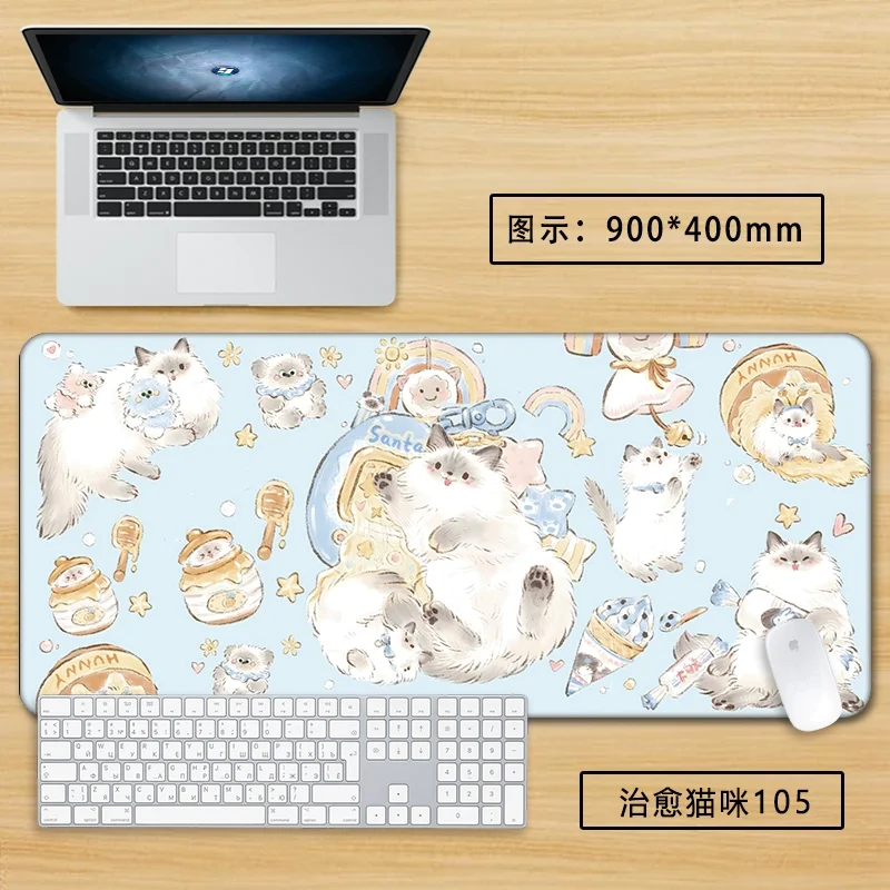 Healing Kawaii Cat Large Mouse Pad - XXL Cute Desk Mat for Office/Home, Adorable Cartoon Keyboard Cover with Non-Slip Base