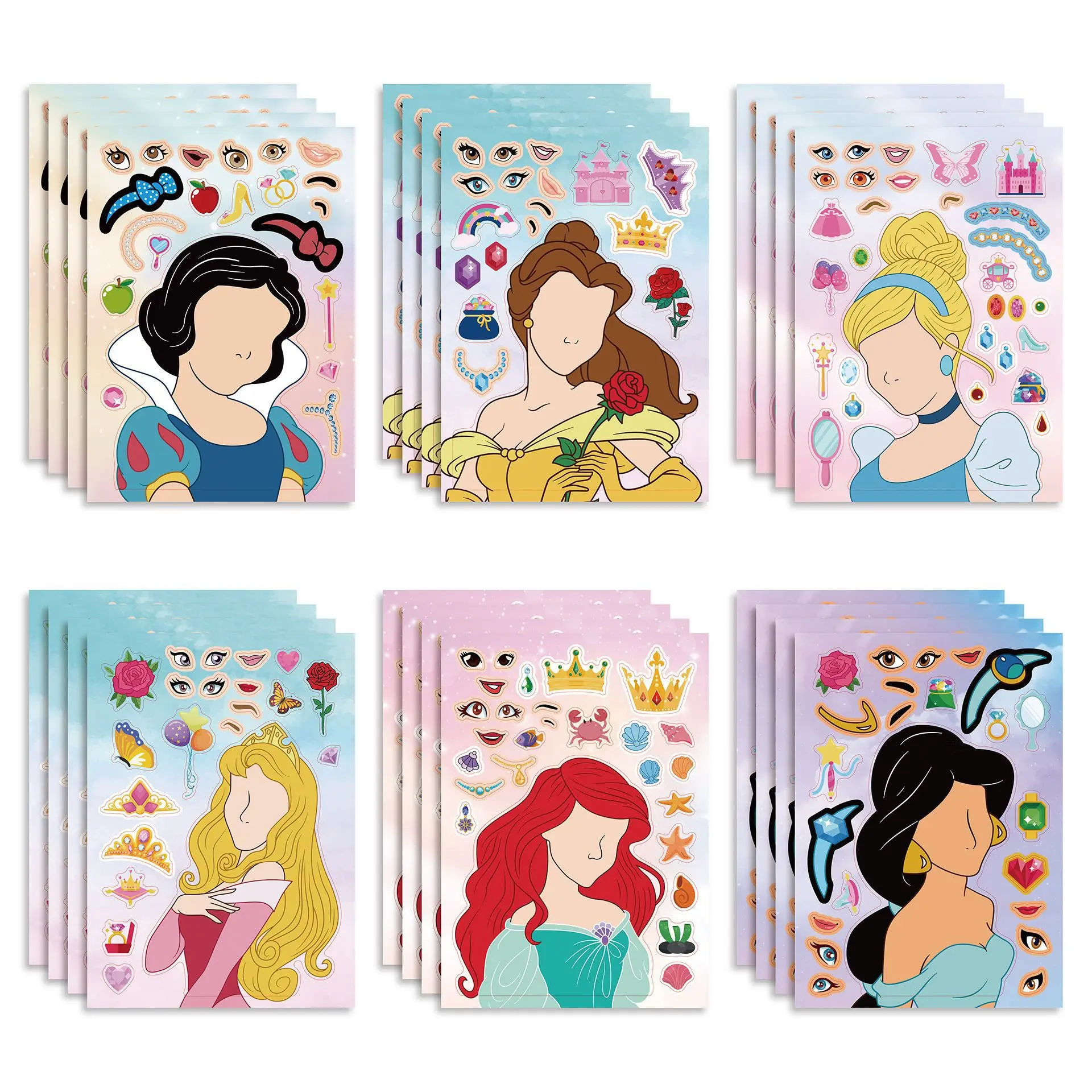 6/12pcs Princess Stickers for Kids Make Your Own Princess Stickers Aurora Make a Face Sticker Classroom Rewards Party Supplies