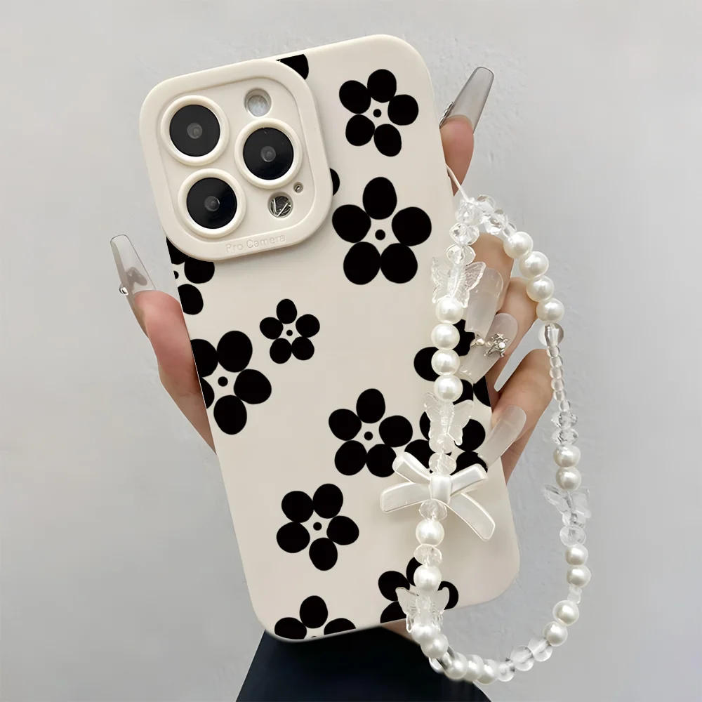 Lanyard Phone Cases For Samsung Galaxy S24 S26 S21 S22 S25 S23 Ultra FE A26 A55 A35 A54 A36 A56 Wrist Strap Black Flower Cover