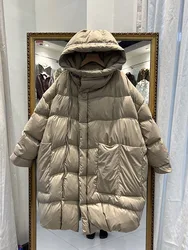 women White Duck Down Long Jacket with Hood Loose Over Size Coat Autumn Winter Warm Outwear Korean Style Big Pockets