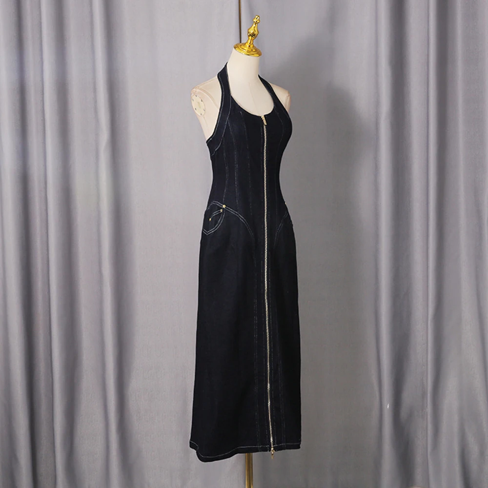 Sukienka długa w stylu europejskim i amerykańskim, nowość na zimę 2025, modna, elegancka, seksowna, z odkrytymi plecami, zapinana na zamek, z dekoltem typu halter.