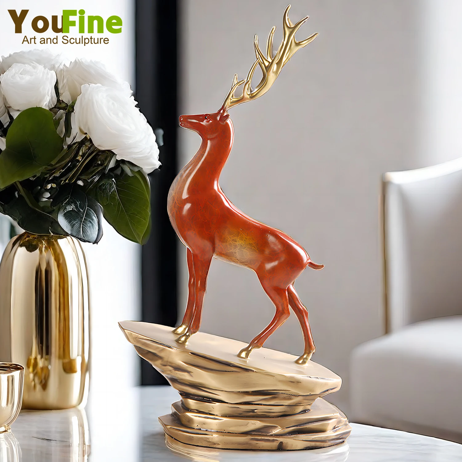 Modern Art Bronze Deer Statue 40cm Bronze Elk Reindeer Sculpture Feng Shui Sika Deer Statues For Home Office Decor Ornament Gift