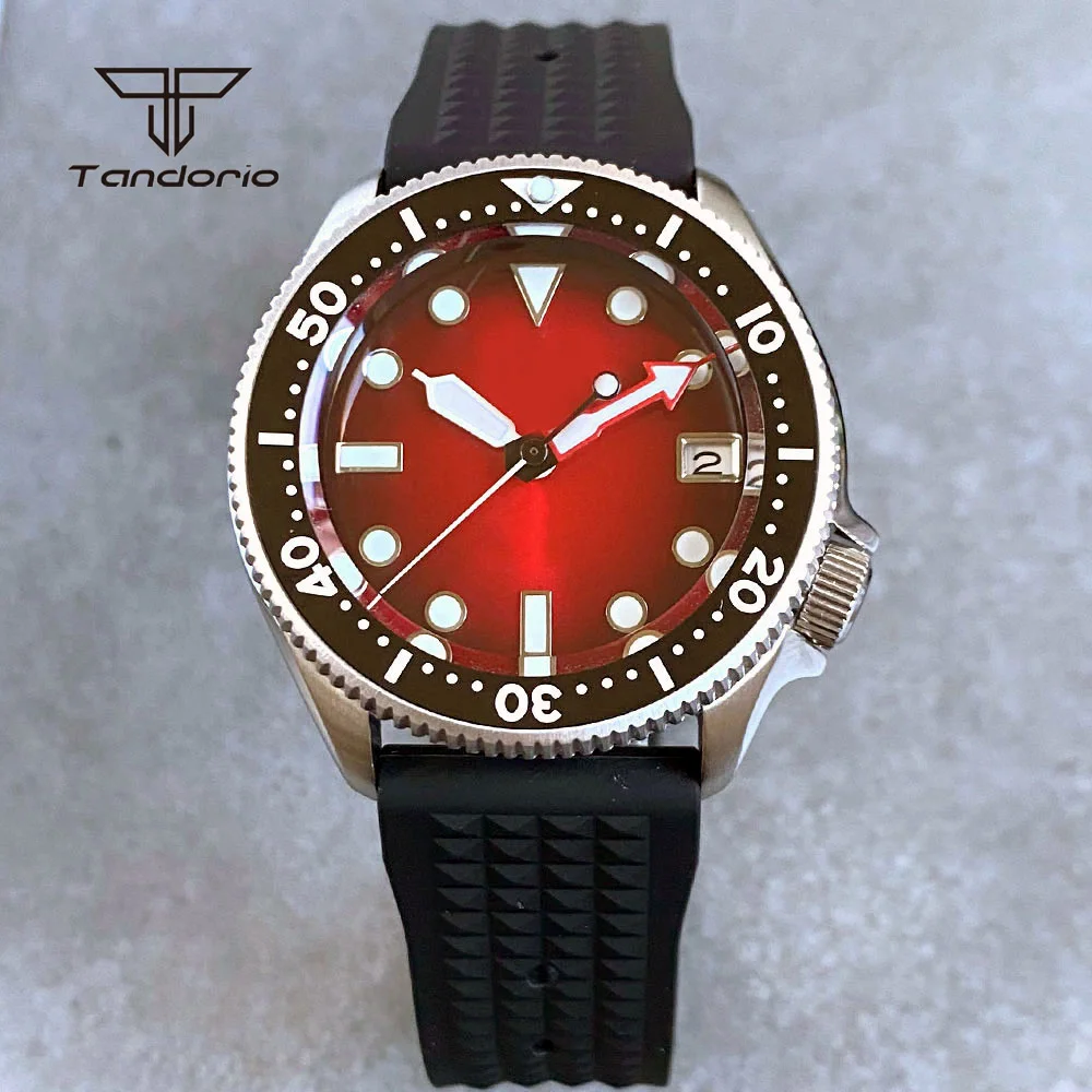 Tandorio NH35 Date 37mm Dive Automatic Men Watch 3.8 Crown Gradient Red Sunburst Dial Sapphire Lady\'s Wristwatch Luminous 20BAR