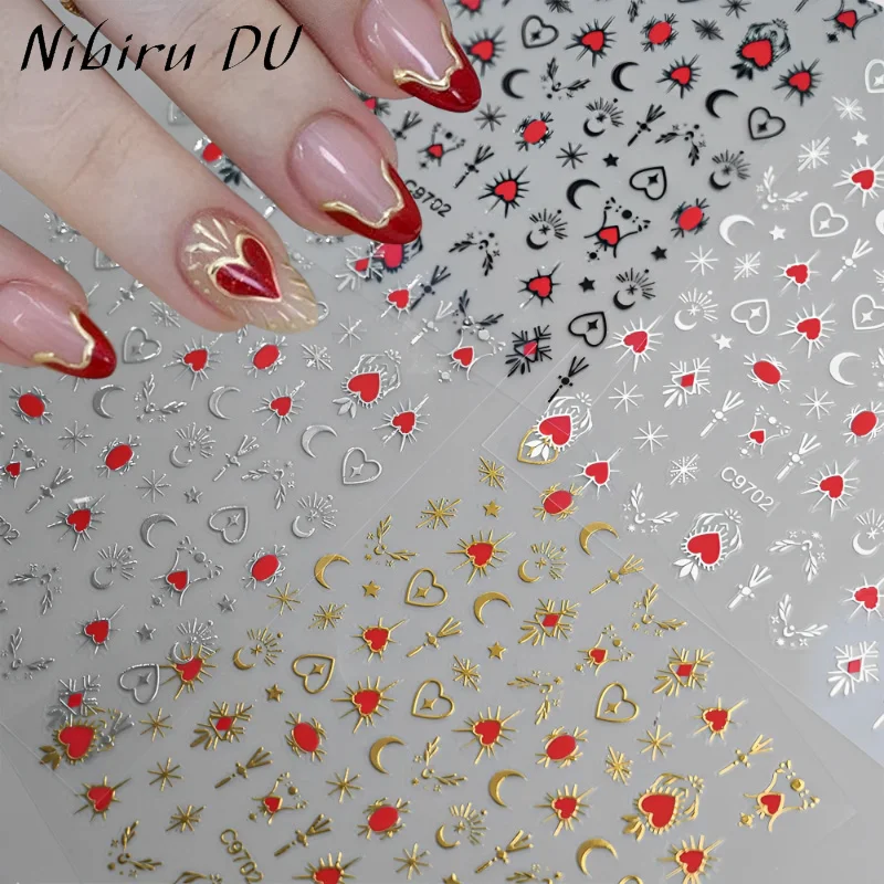 

12pcs 3D Bronzing Cross Nail Stickers Sun Stars Moon Decals Red Heart Self-Adhesive Slider Nail Art Manicure Metallic Decors