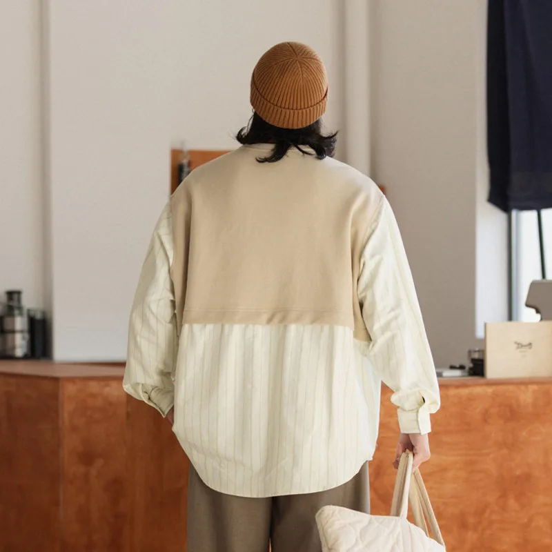 WVGA Spring Autumn New Men Vintage Striped Patchwork Faux Two-Piece Trendy Long Sleeved Shirt Japanese Style Pullover Top W25993