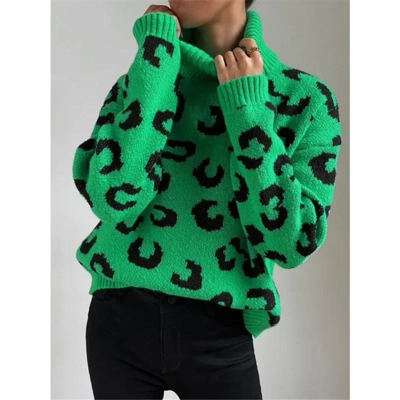 Autumn & Winter New Women\'s Leopard Print Turtleneck Knitted Pullover Top Personalized Street Style Women Casual Loose Sweater