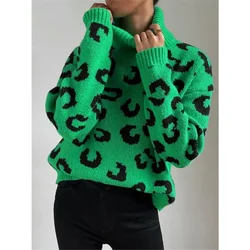 Autumn & Winter New Women's Leopard Print Turtleneck Knitted Pullover Top Personalized Street Style Women Casual Loose Sweater