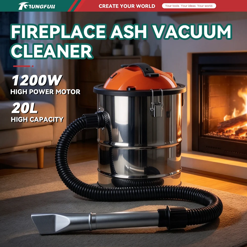 TUNGFULL Fireplace Ash Vacuum Cleaner 1200W Stainless Steel Tank High Power Ash Vac for Fireplace Pellet Stove BBQ Grill