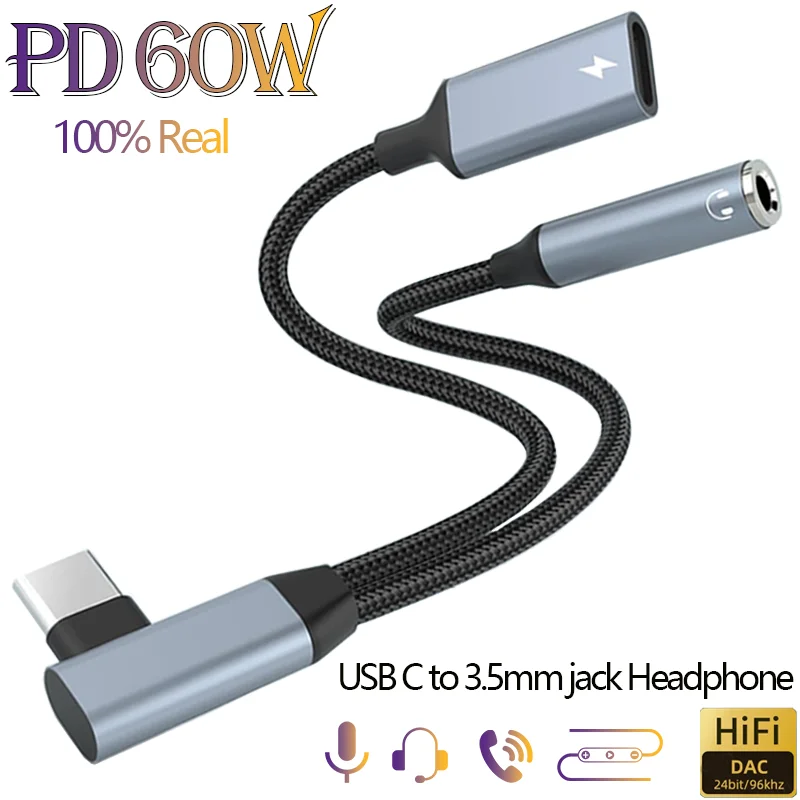 OTG 2 w 1 Łokieć USB typu C do 3,5 mm Jack AUX Audio Adapter słuchawkowy Szybka ładowarka 60 W do tabletu Samsung iPhone15 Huawei Xiaomi