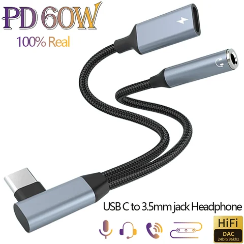 OTG 2 IN 1 Dirsek Tipi USB C 3.5mm Jack AUX Ses Kulaklık Adaptörü Hızlı Şarj Cihazı 60 W Samsung iPhone15 Huawei Xiaomi Tablet