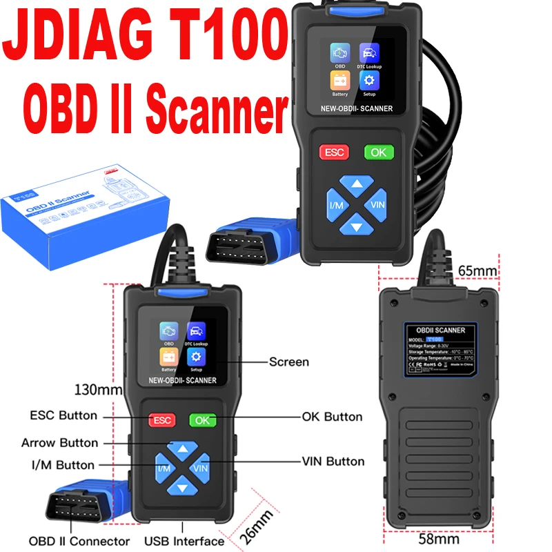 JDiag T100 OBD II Scanner Tool 9 protocols Automotive Diagnostic OBD2 II Scanner Troubleshooting Car Code Reader diagnostic Tool