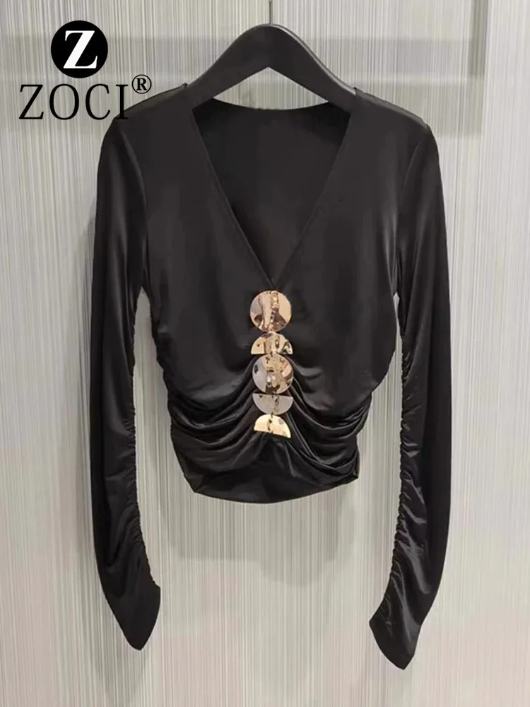 [ZOCI] 2024 Luxe&envy Large Korean V-neck Fit Slim Fold Design Long Sleeve T-shirt Autumn New Western Style Top