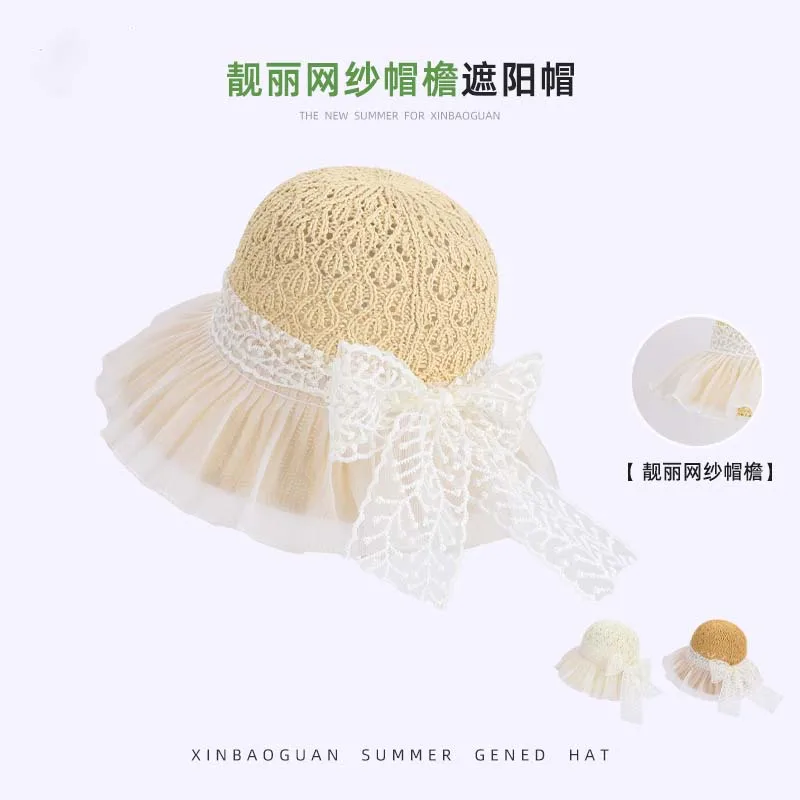 Summer Open-weave Breathable Straw Hat for Women Lace Bow Ribbons Boater Hat Outdoor Shopping Beach Vacation Sun Protection Hat