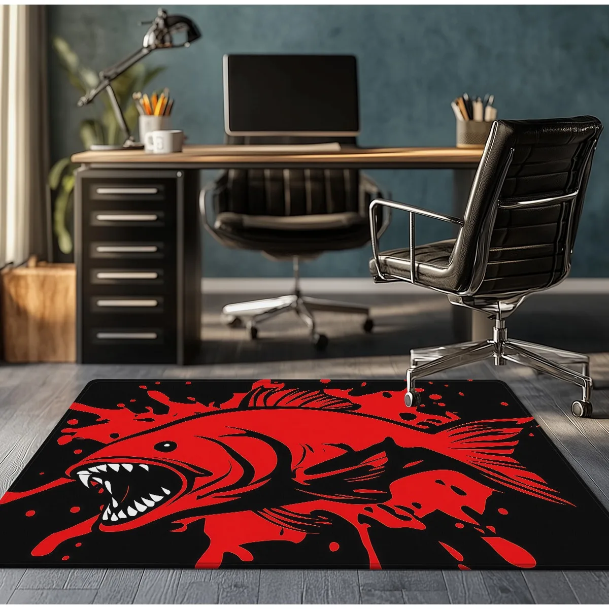 Red Monster Fish Black Background Crystal Velvet Rug Gaming Room Decor Cool Animal Print Anti Slip Floor Mat For Kids Teens